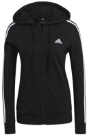 FELPA CON CAPPUCCIO E FULL ZIP DA DONNA ADIDAS ESSENTIALS IN JERSEY NERA CON 3 STRISCE