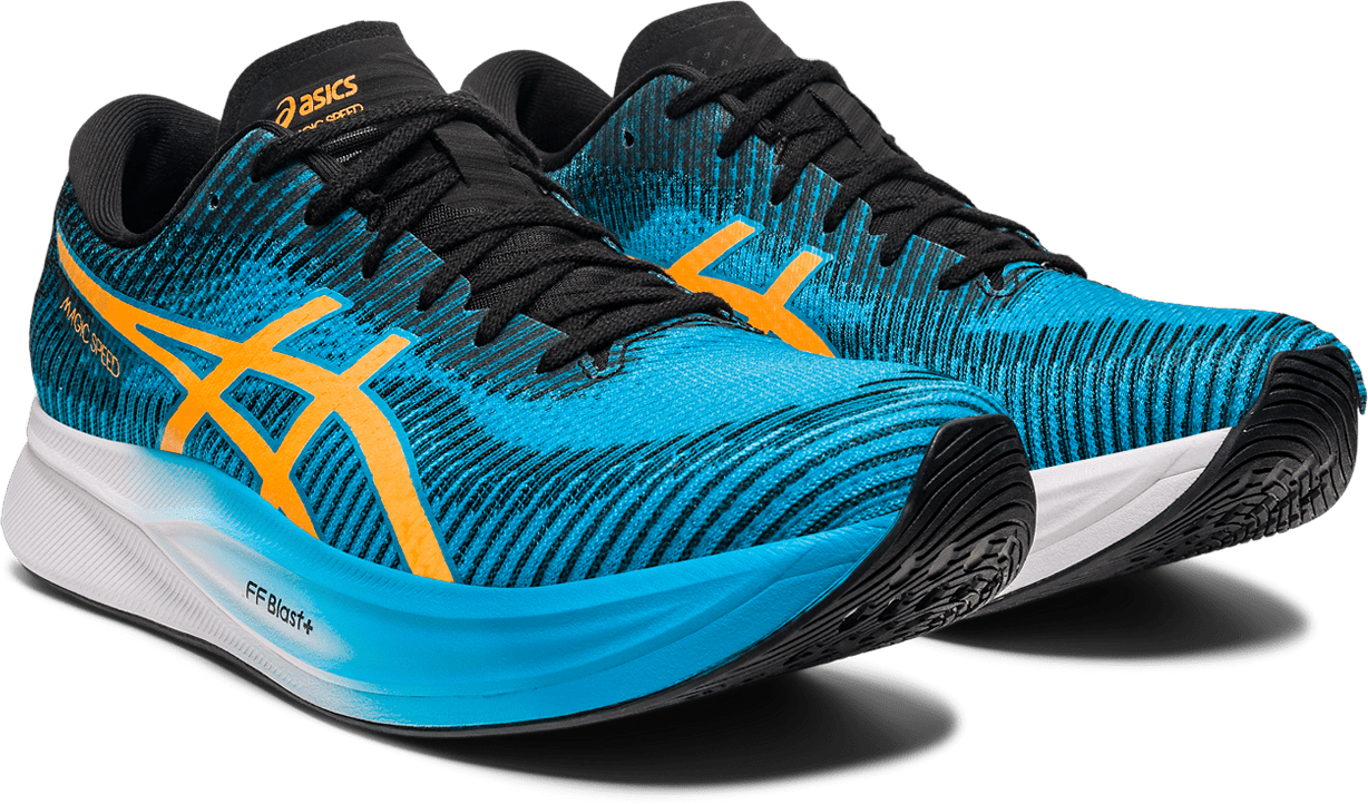SCARPA DA RUNNING DA UOMO ASICS MAGIC SPEED 2 ISLAND BLUE ORANGE POP 1011B443 400 Tecnica Sport